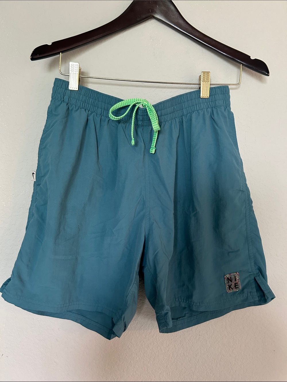 Nike Womens Teal Swim/athletic Board Shorts with Neon Green Drawcord
